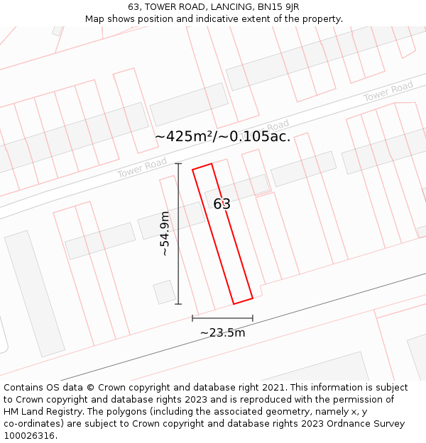 63, TOWER ROAD, LANCING, BN15 9JR: Plot and title map