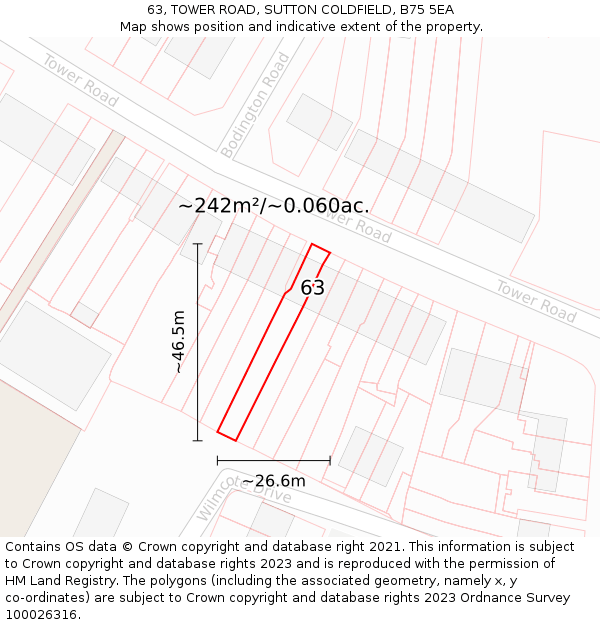 63, TOWER ROAD, SUTTON COLDFIELD, B75 5EA: Plot and title map