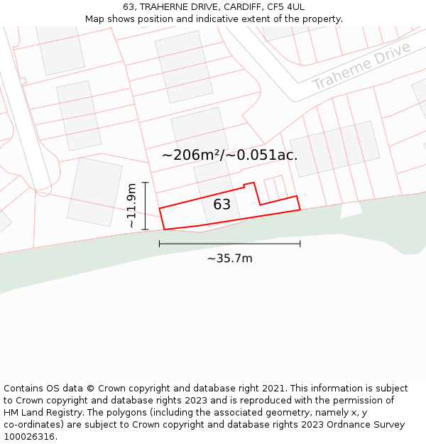 63, TRAHERNE DRIVE, CARDIFF, CF5 4UL: Plot and title map
