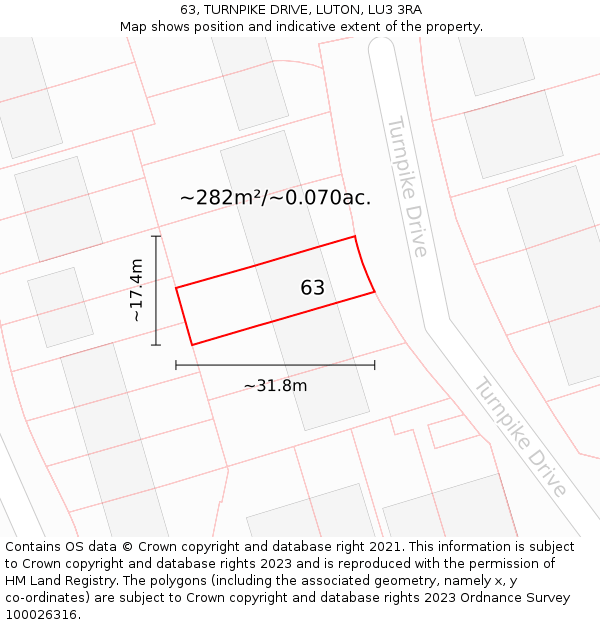 63, TURNPIKE DRIVE, LUTON, LU3 3RA: Plot and title map