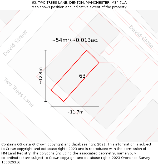 63, TWO TREES LANE, DENTON, MANCHESTER, M34 7UA: Plot and title map