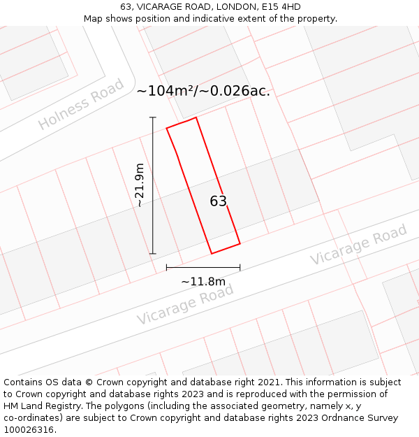 63, VICARAGE ROAD, LONDON, E15 4HD: Plot and title map