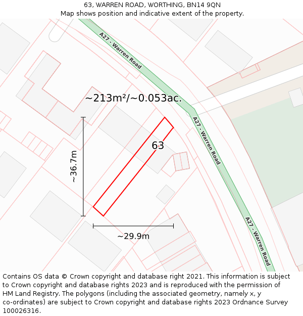 63, WARREN ROAD, WORTHING, BN14 9QN: Plot and title map