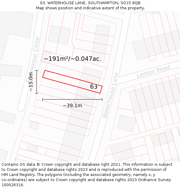 63, WATERHOUSE LANE, SOUTHAMPTON, SO15 8QB: Plot and title map