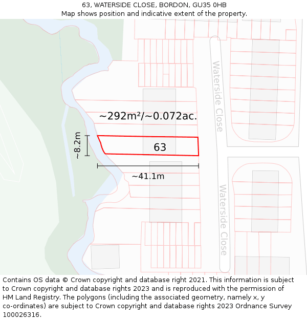 63, WATERSIDE CLOSE, BORDON, GU35 0HB: Plot and title map
