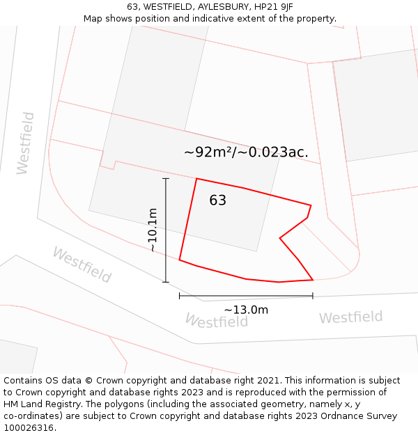 63, WESTFIELD, AYLESBURY, HP21 9JF: Plot and title map