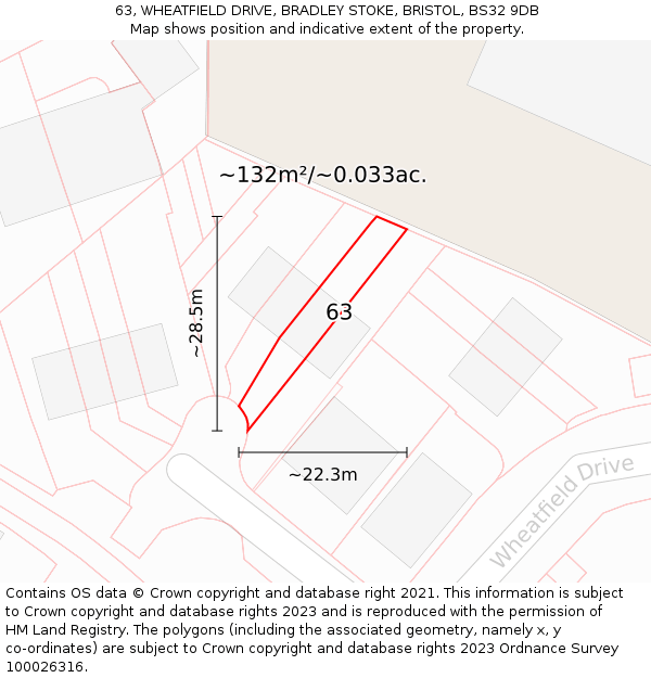63, WHEATFIELD DRIVE, BRADLEY STOKE, BRISTOL, BS32 9DB: Plot and title map
