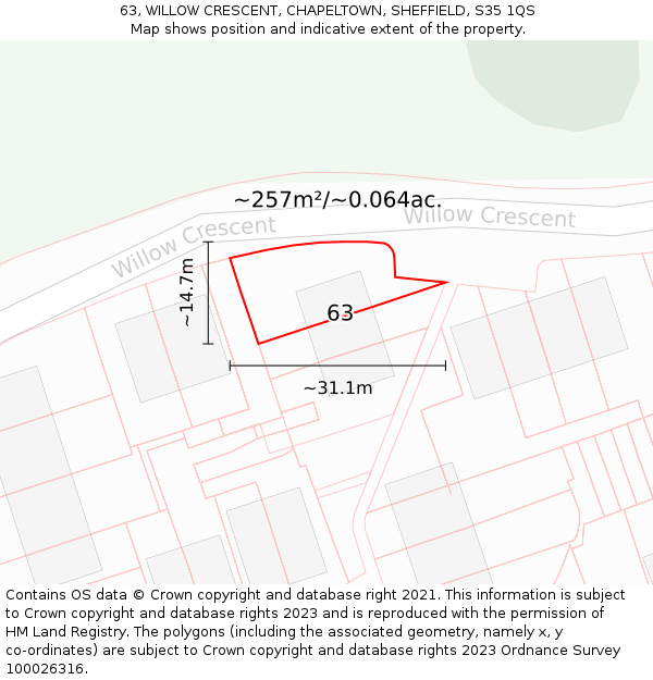 63, WILLOW CRESCENT, CHAPELTOWN, SHEFFIELD, S35 1QS: Plot and title map