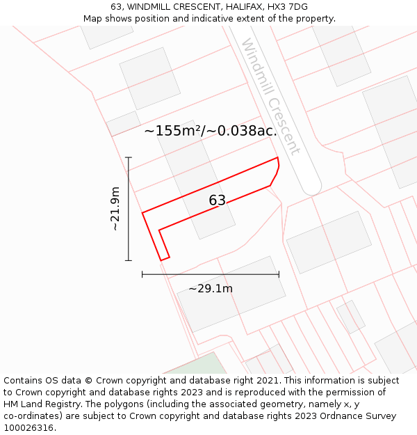 63, WINDMILL CRESCENT, HALIFAX, HX3 7DG: Plot and title map