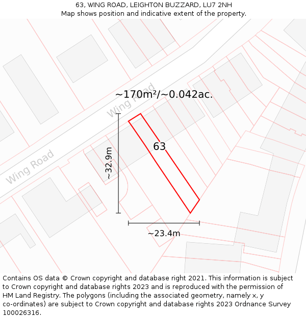 63, WING ROAD, LEIGHTON BUZZARD, LU7 2NH: Plot and title map