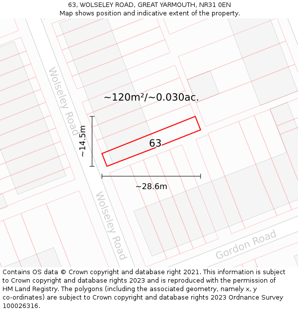 63, WOLSELEY ROAD, GREAT YARMOUTH, NR31 0EN: Plot and title map