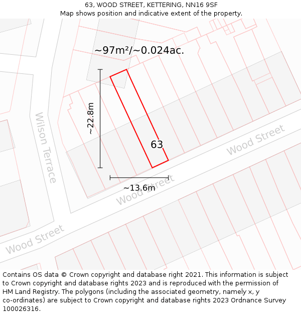 63, WOOD STREET, KETTERING, NN16 9SF: Plot and title map