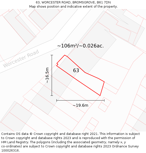 63, WORCESTER ROAD, BROMSGROVE, B61 7DN: Plot and title map