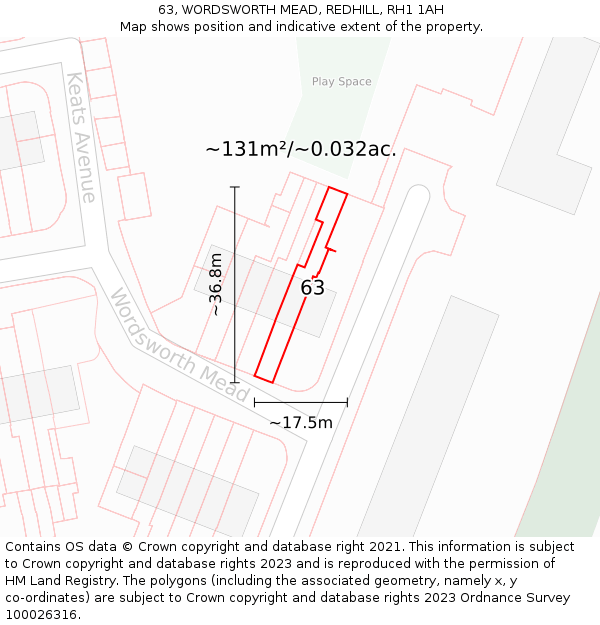 63, WORDSWORTH MEAD, REDHILL, RH1 1AH: Plot and title map