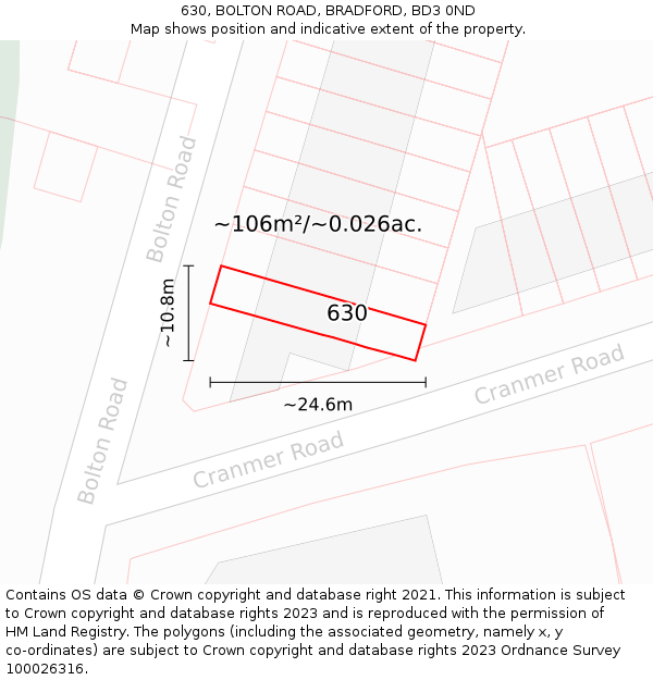 630, BOLTON ROAD, BRADFORD, BD3 0ND: Plot and title map