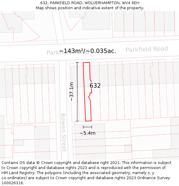 632, PARKFIELD ROAD, WOLVERHAMPTON, WV4 6EH: Plot and title map