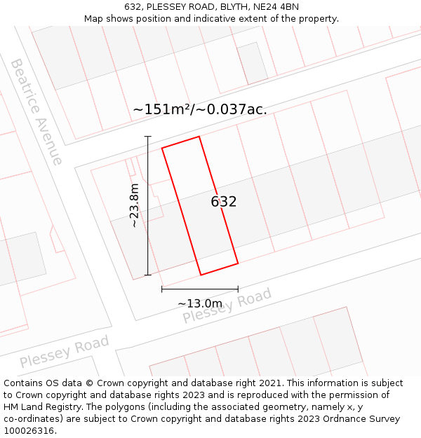 632, PLESSEY ROAD, BLYTH, NE24 4BN: Plot and title map