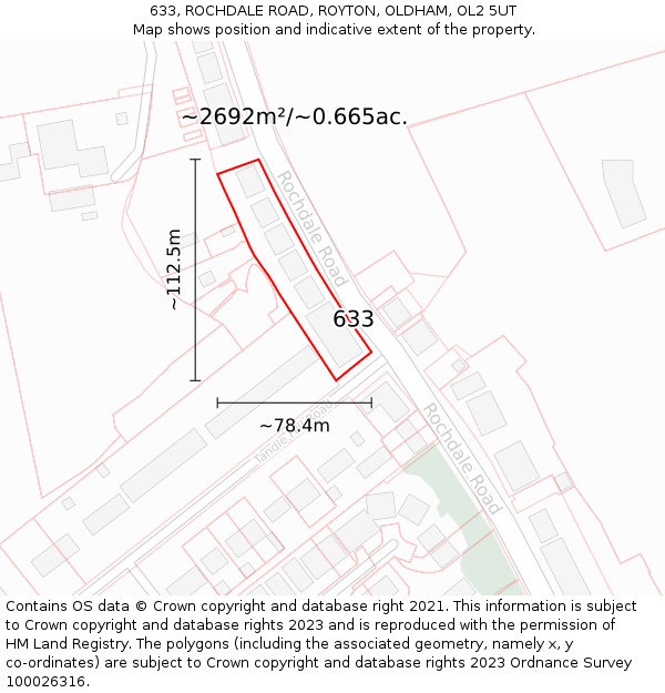633, ROCHDALE ROAD, ROYTON, OLDHAM, OL2 5UT: Plot and title map