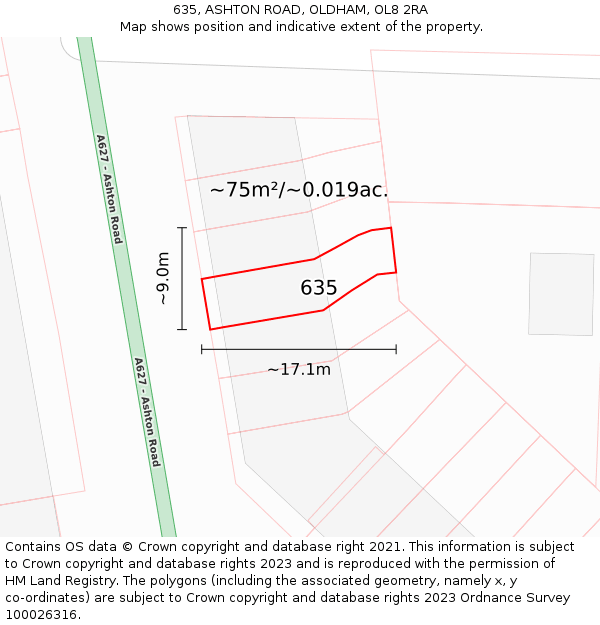 635, ASHTON ROAD, OLDHAM, OL8 2RA: Plot and title map