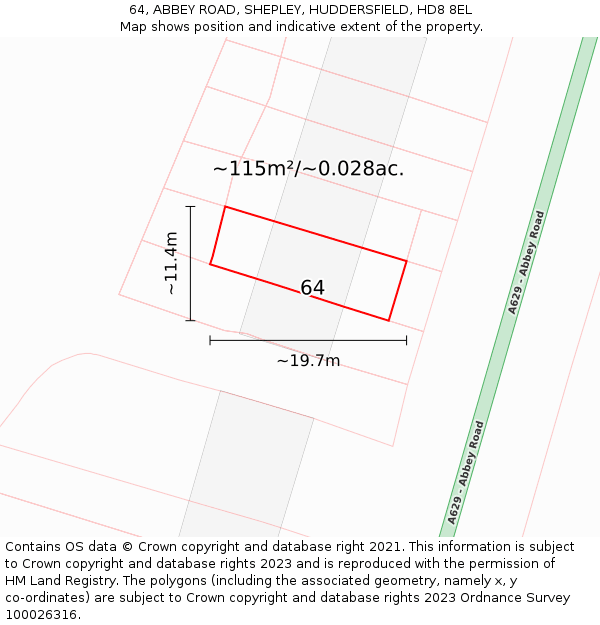 64, ABBEY ROAD, SHEPLEY, HUDDERSFIELD, HD8 8EL: Plot and title map