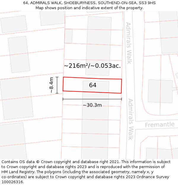 64, ADMIRALS WALK, SHOEBURYNESS, SOUTHEND-ON-SEA, SS3 9HS: Plot and title map