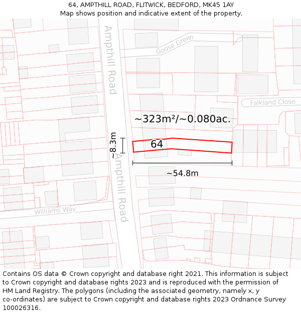64, AMPTHILL ROAD, FLITWICK, BEDFORD, MK45 1AY: Plot and title map