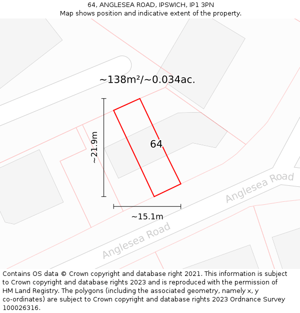 64, ANGLESEA ROAD, IPSWICH, IP1 3PN: Plot and title map