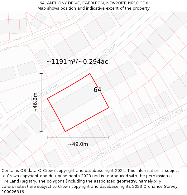64, ANTHONY DRIVE, CAERLEON, NEWPORT, NP18 3DX: Plot and title map