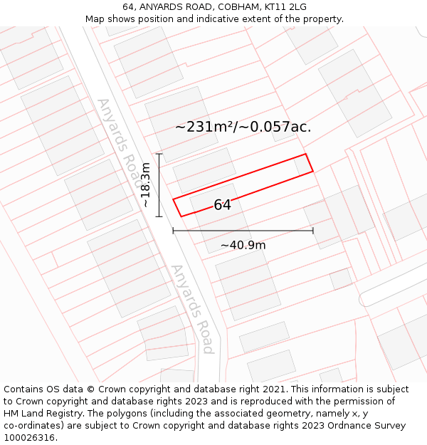 64, ANYARDS ROAD, COBHAM, KT11 2LG: Plot and title map