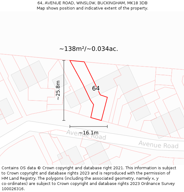 64, AVENUE ROAD, WINSLOW, BUCKINGHAM, MK18 3DB: Plot and title map