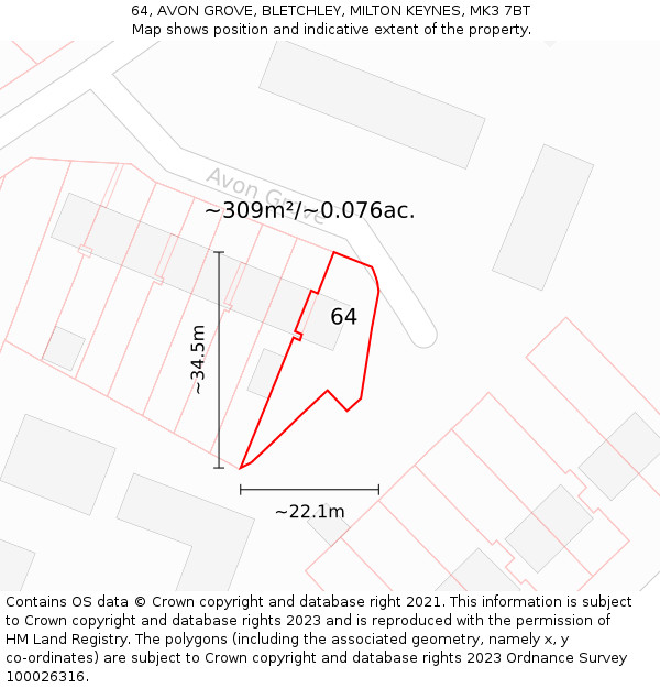 64, AVON GROVE, BLETCHLEY, MILTON KEYNES, MK3 7BT: Plot and title map