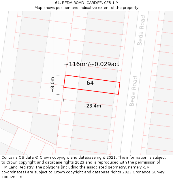 64, BEDA ROAD, CARDIFF, CF5 1LY: Plot and title map