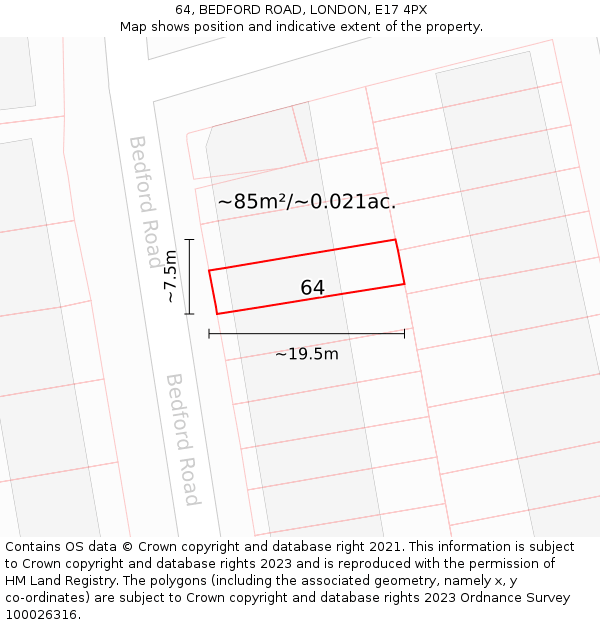 64, BEDFORD ROAD, LONDON, E17 4PX: Plot and title map