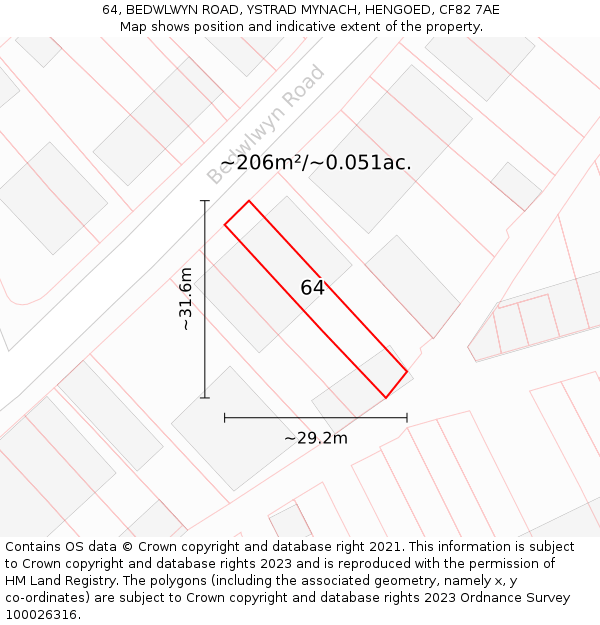 64, BEDWLWYN ROAD, YSTRAD MYNACH, HENGOED, CF82 7AE: Plot and title map