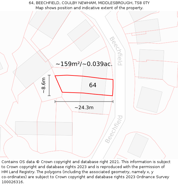 64, BEECHFIELD, COULBY NEWHAM, MIDDLESBROUGH, TS8 0TY: Plot and title map