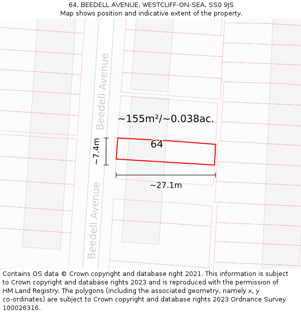 64, BEEDELL AVENUE, WESTCLIFF-ON-SEA, SS0 9JS: Plot and title map