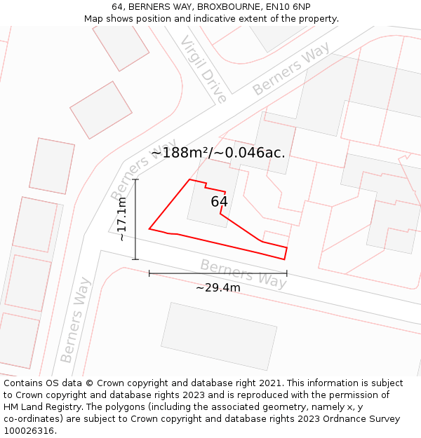 64, BERNERS WAY, BROXBOURNE, EN10 6NP: Plot and title map