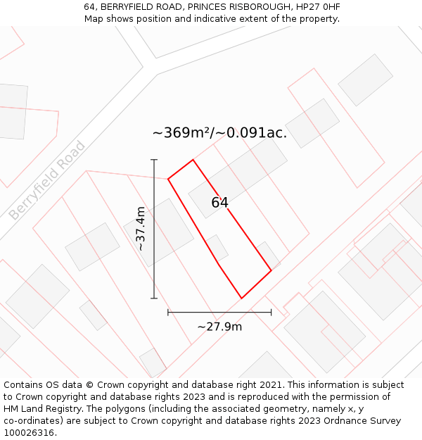64, BERRYFIELD ROAD, PRINCES RISBOROUGH, HP27 0HF: Plot and title map