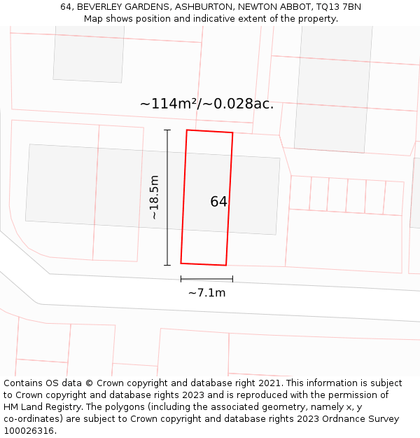 64, BEVERLEY GARDENS, ASHBURTON, NEWTON ABBOT, TQ13 7BN: Plot and title map