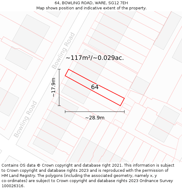 64, BOWLING ROAD, WARE, SG12 7EH: Plot and title map