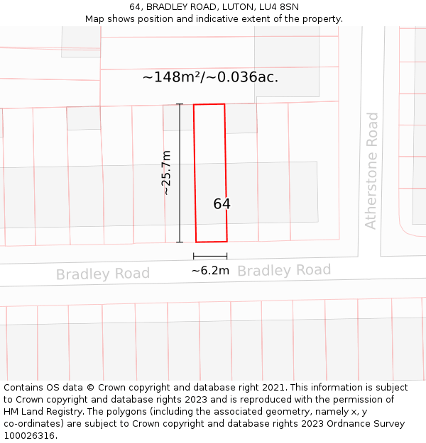 64, BRADLEY ROAD, LUTON, LU4 8SN: Plot and title map