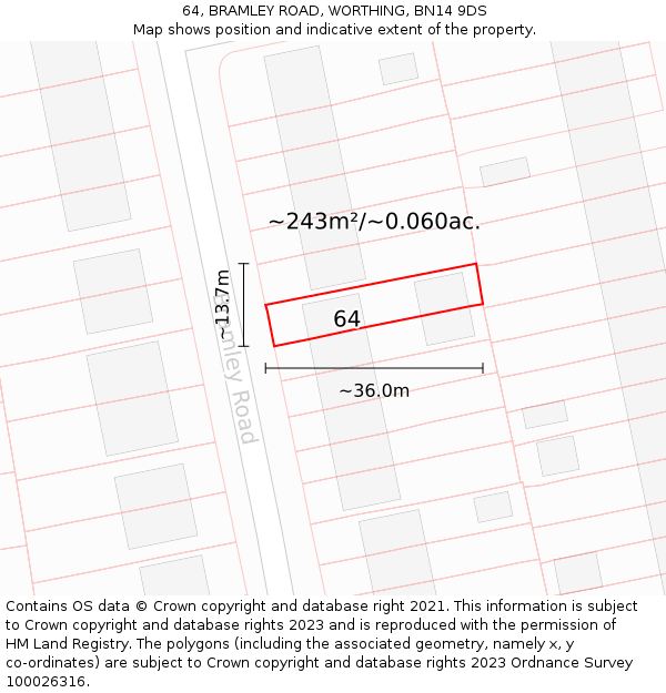 64, BRAMLEY ROAD, WORTHING, BN14 9DS: Plot and title map