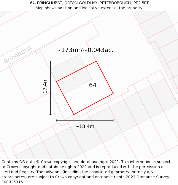 64, BRINGHURST, ORTON GOLDHAY, PETERBOROUGH, PE2 5RT: Plot and title map