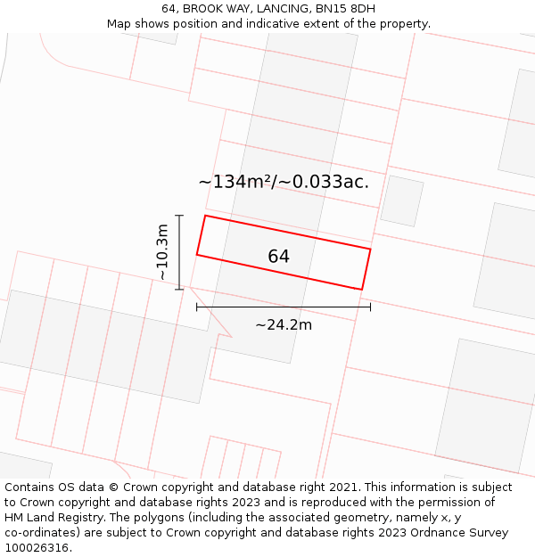 64, BROOK WAY, LANCING, BN15 8DH: Plot and title map