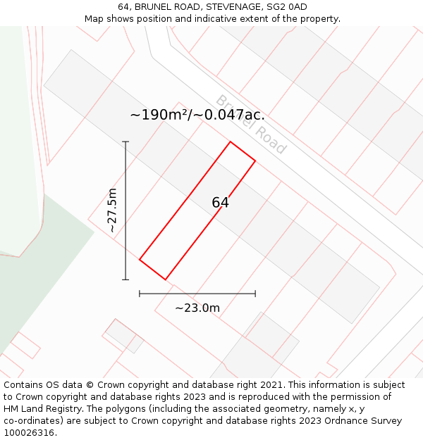 64, BRUNEL ROAD, STEVENAGE, SG2 0AD: Plot and title map