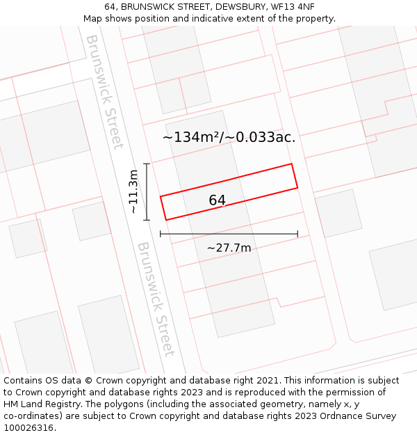 64, BRUNSWICK STREET, DEWSBURY, WF13 4NF: Plot and title map
