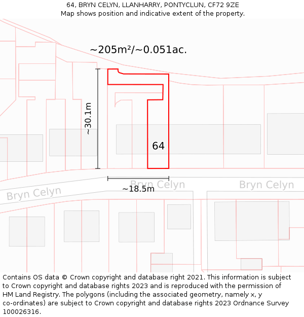 64, BRYN CELYN, LLANHARRY, PONTYCLUN, CF72 9ZE: Plot and title map