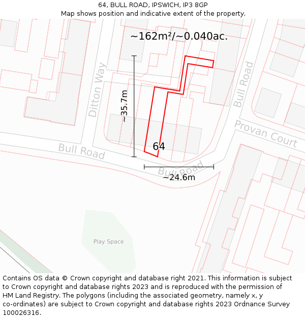 64, BULL ROAD, IPSWICH, IP3 8GP: Plot and title map
