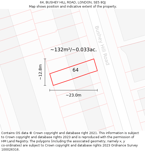 64, BUSHEY HILL ROAD, LONDON, SE5 8QJ: Plot and title map
