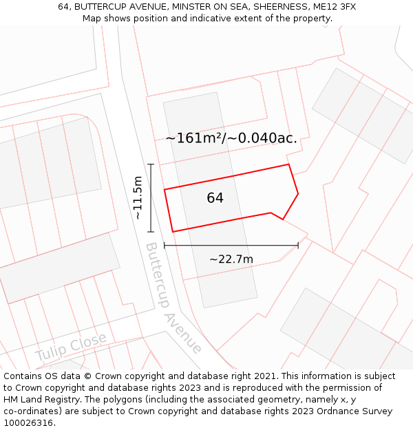 64, BUTTERCUP AVENUE, MINSTER ON SEA, SHEERNESS, ME12 3FX: Plot and title map